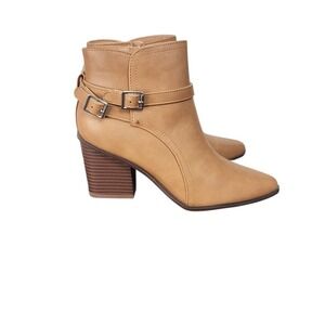 Women's Tan Faux Leather Ankle Boots Block Heel Side Zip Buckle Accent Size 8
